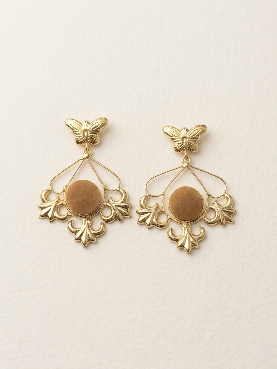 Elowen Butterfly Drops Mustard Beige Handmade Brass Earrings