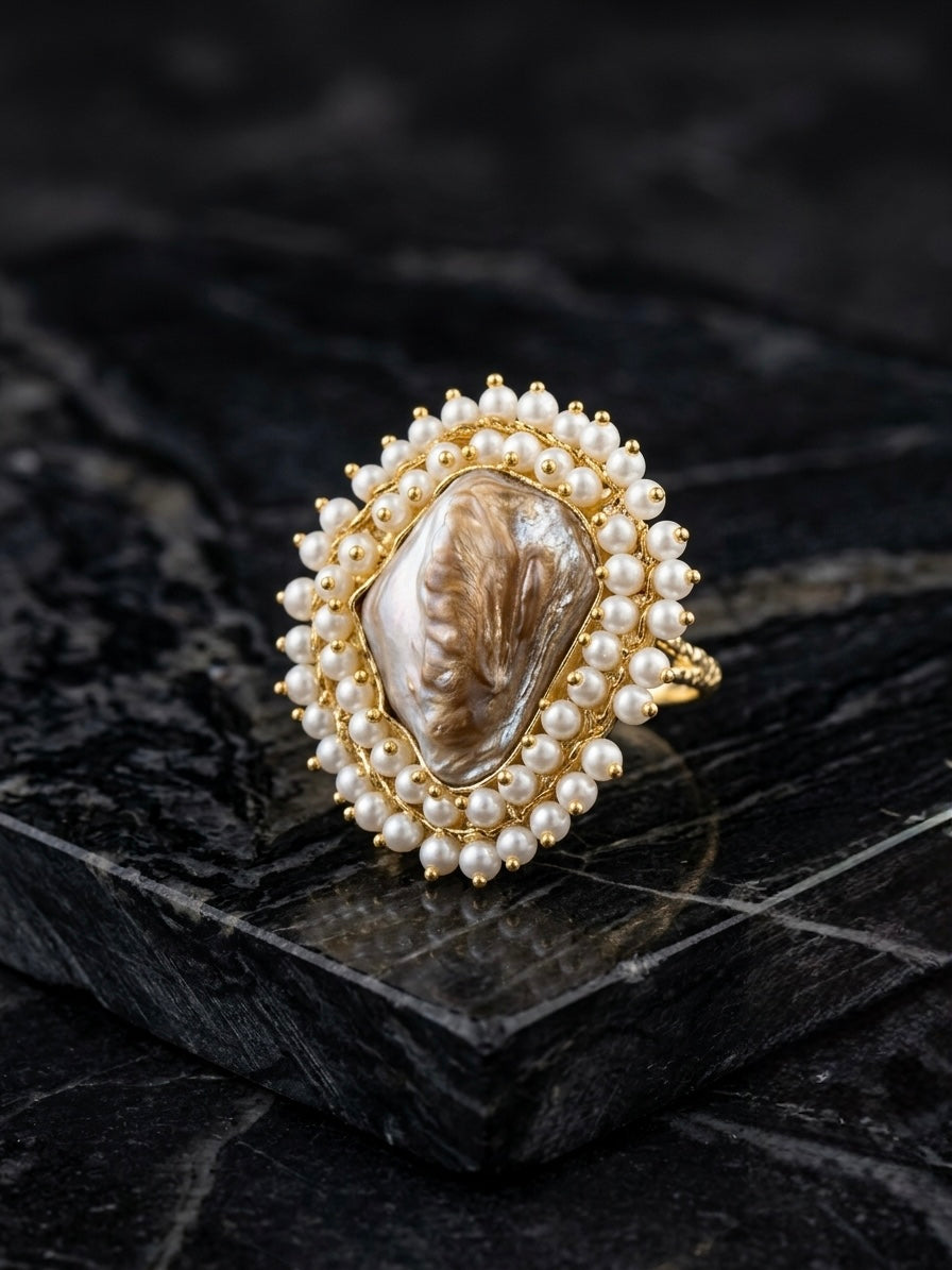 Baroque Mother of Pearl Handmade Brass Ring