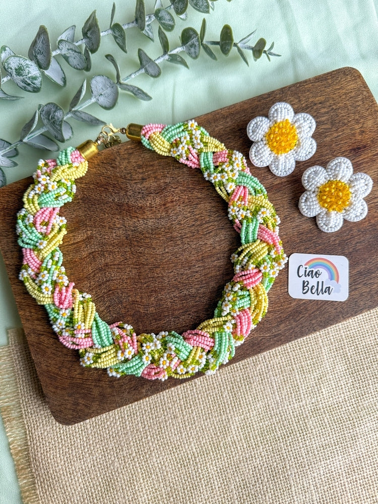 Luxe Flora Green Pink Yellow Handmade Beaded Necklace + Earrings Set