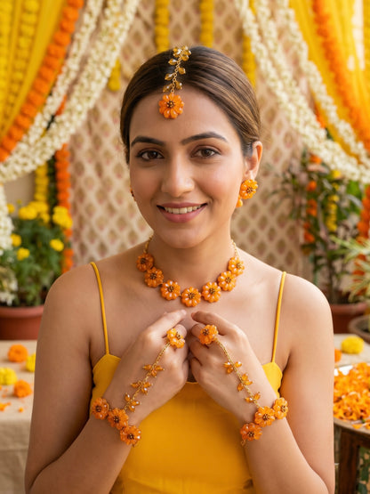 Sparkling Sunflower Handmade Beaded Haldi Jewellery Set (Necklace + Earrings + Hathphools + Maangtika)