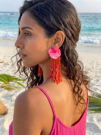 Sunset Pink Orange Star Flower Handmade Beaded Earrings