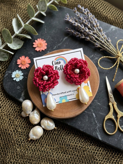 Crochet Deep Red 3D Rose Pearl Drops Flower Handmade Beaded Earrings