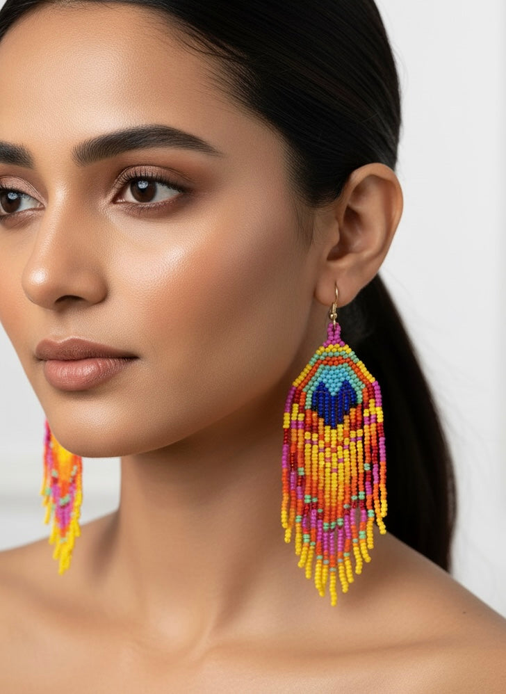 Pink Peacock Feather Handmade Beaded Tassel Bird Earrings