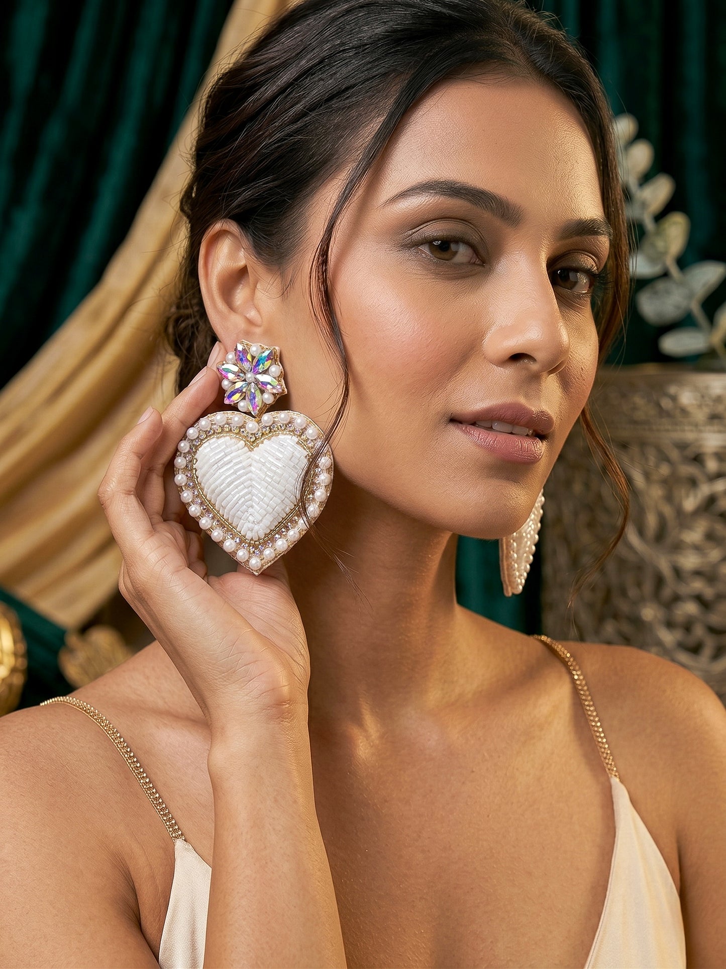 Ishqiya White Heart Drop Handmade Beaded Earrings