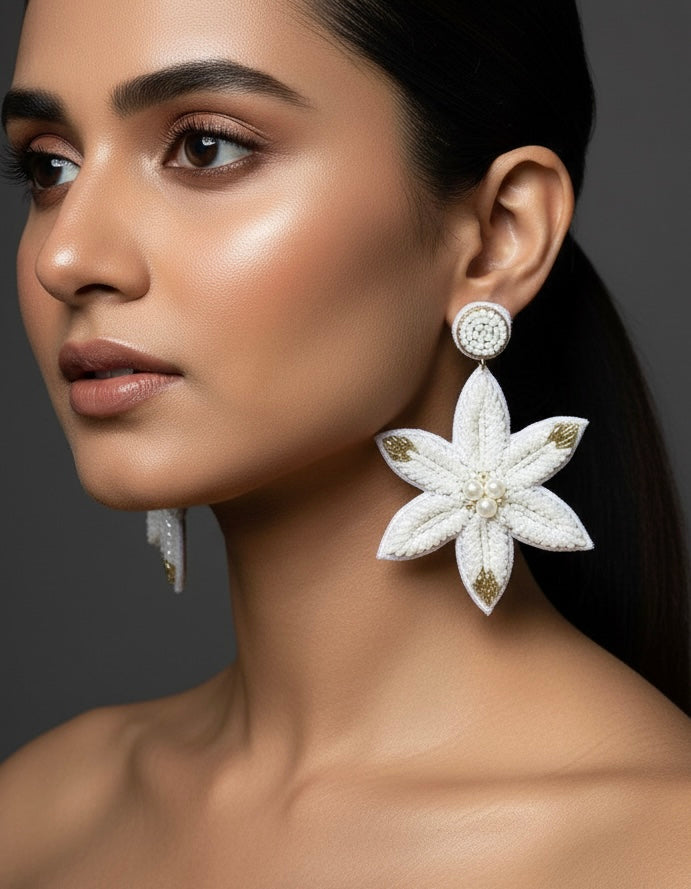 Snow Petals Handmade Beaded Flower Earrings