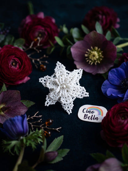 Snow White Delicate Snowflake 3D Crochet Handmade Beaded Ring