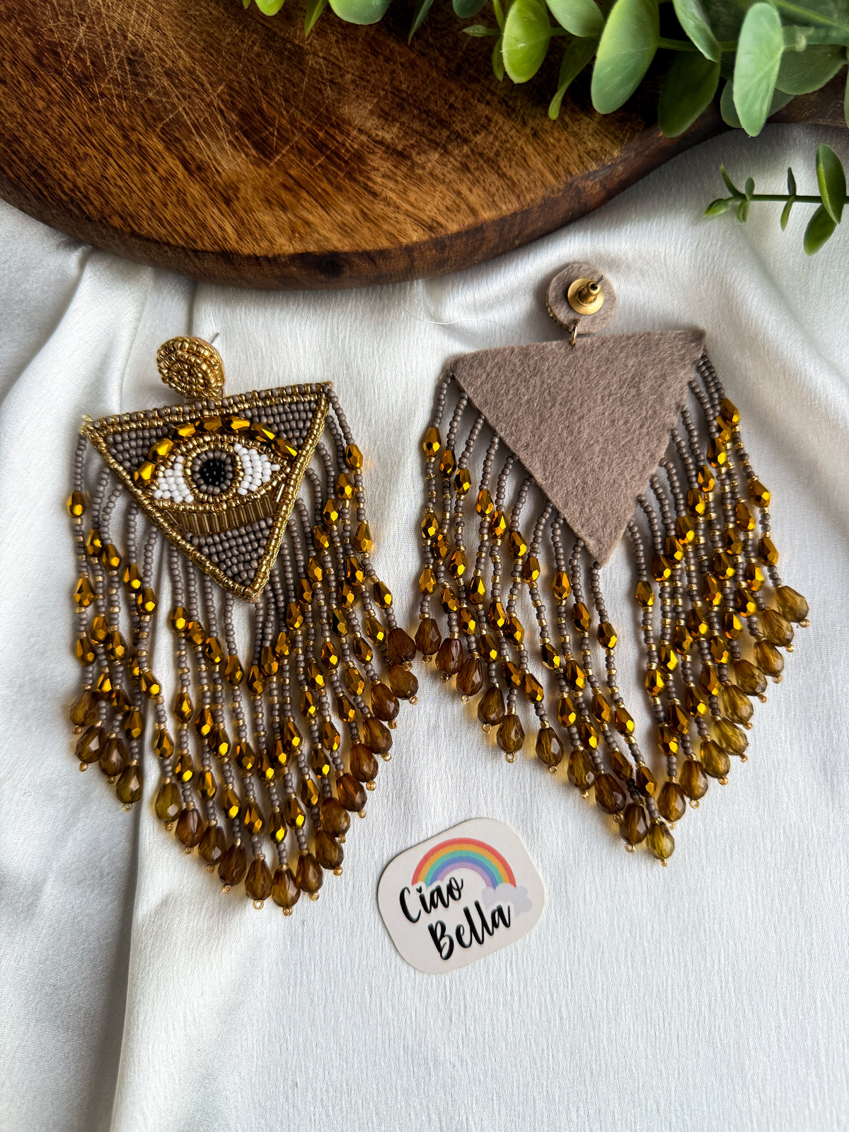 Luxe Evil Eye Bronze Handmade Beaded Tassel Earrings