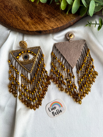 Luxe Evil Eye Bronze Handmade Beaded Tassel Earrings