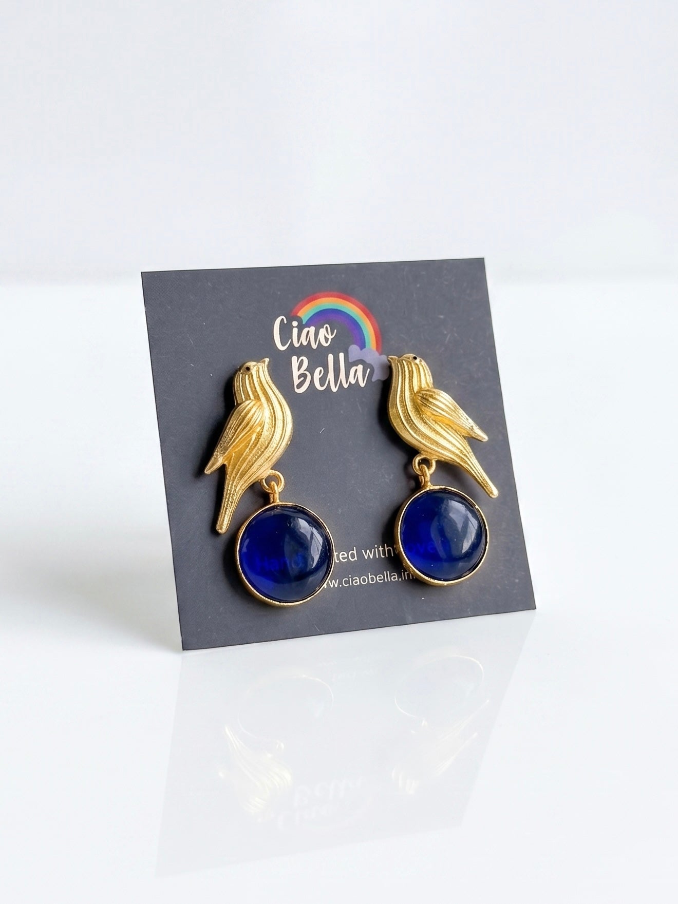 Hello Birdie Handmade Brass Earrings - Blue Round
