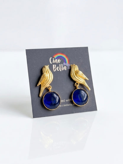 Hello Birdie Handmade Brass Earrings - Blue Round