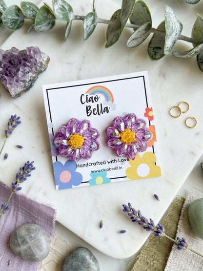 Sparkling Lilac Purple Flower Handmade Beaded Stud Earrings