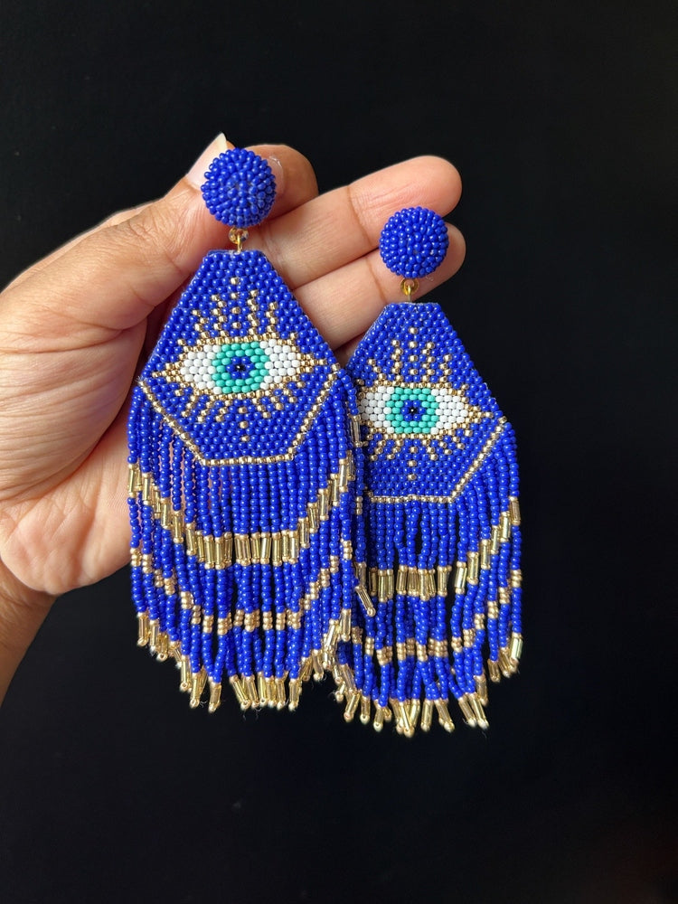 Nazarbattu Blue Evil Eye Handmade Beaded Tassel Earrings