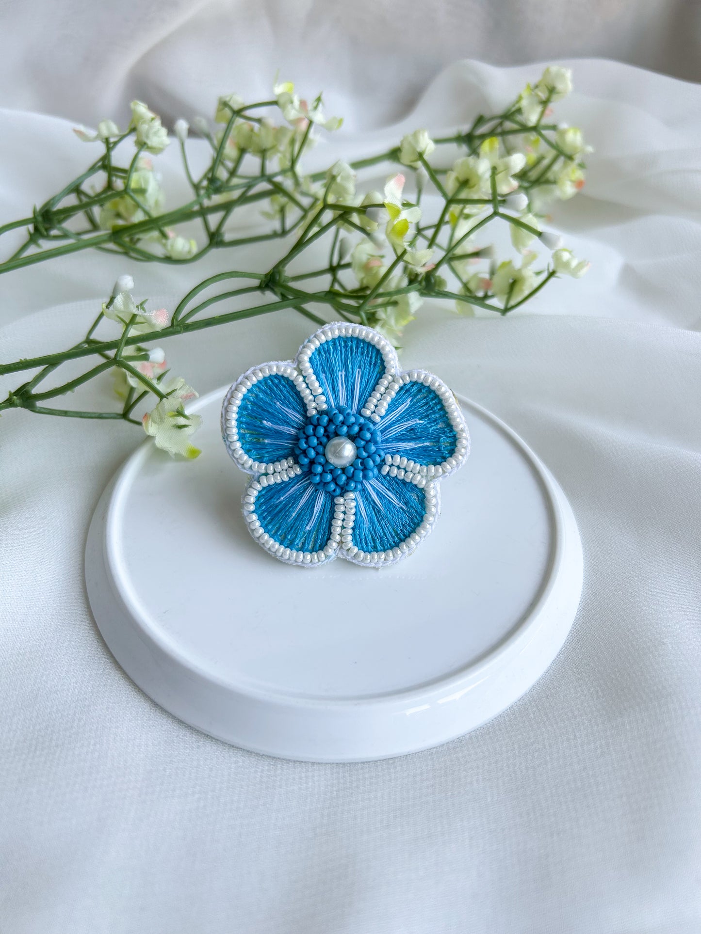 Cool Blue Blossom Handmade Beaded Ring