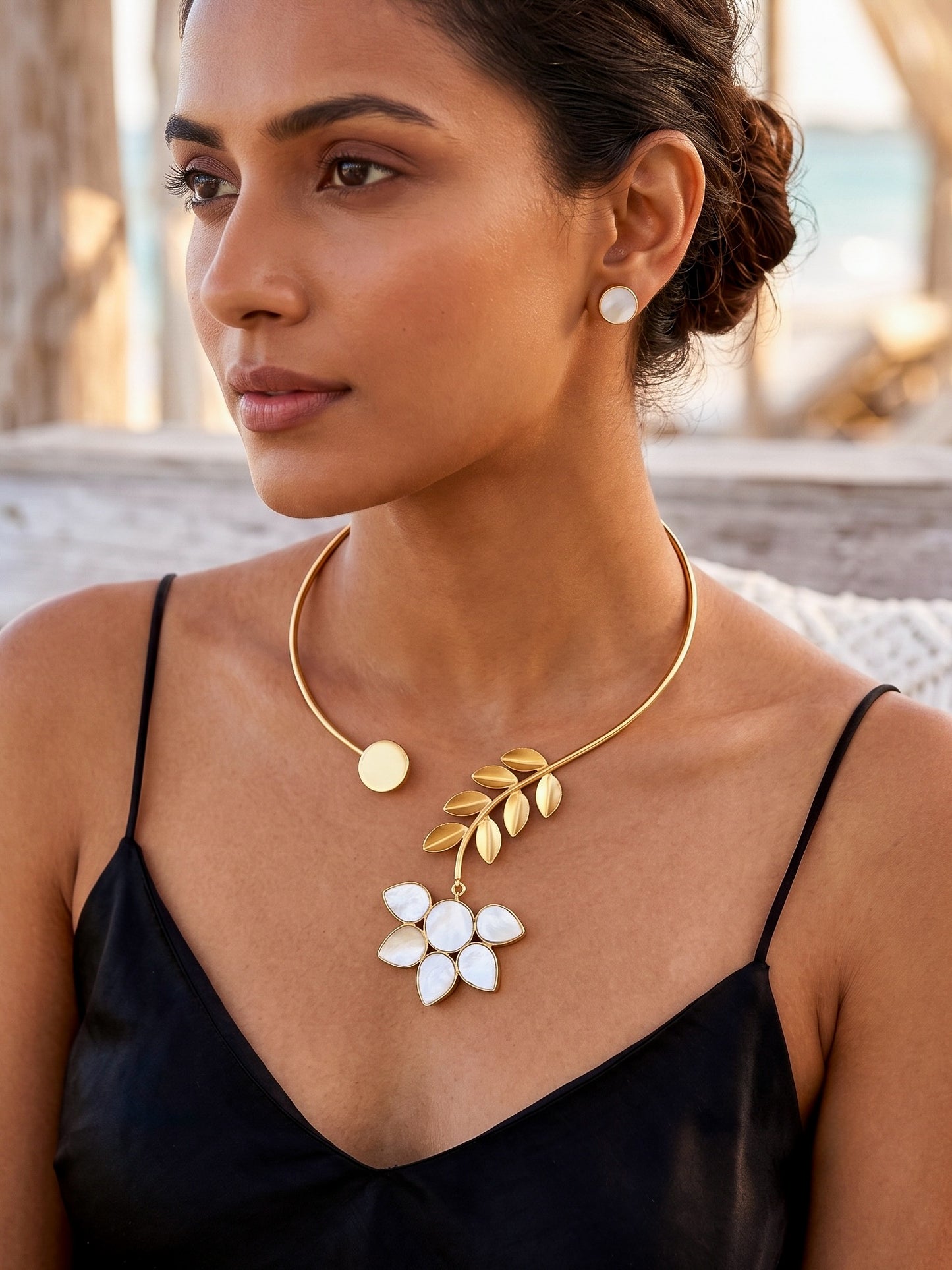 Camellia Bloom Mother of Pearl Handmade Brass Necklace + Stud Earrings Set