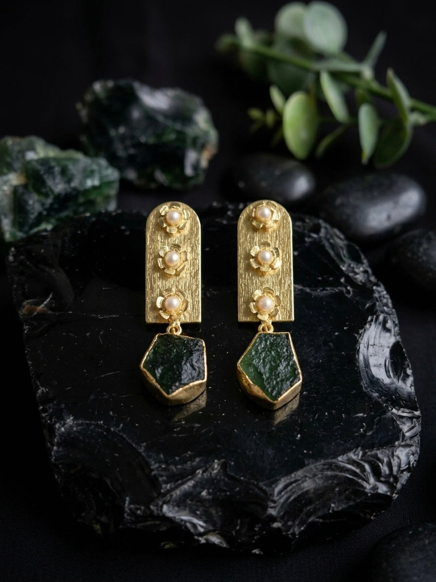 Flora Royale – Green Emerald Handmade Brass Earrings