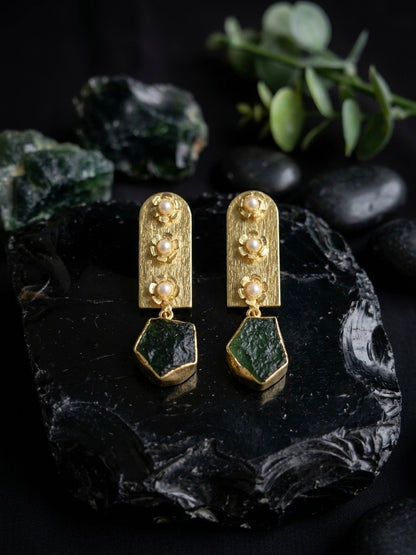 Flora Royale – Green Emerald Handmade Brass Earrings