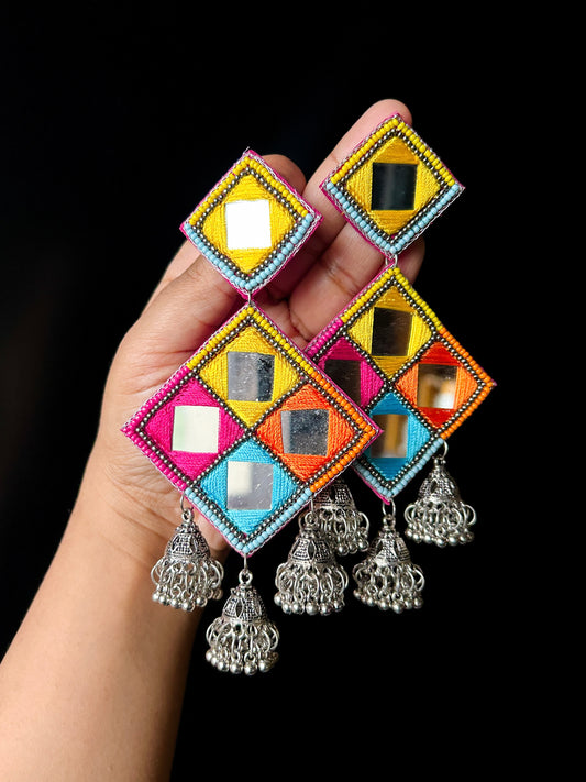 Rangrez Mirror Handmade Beaded Jhumka Earrings