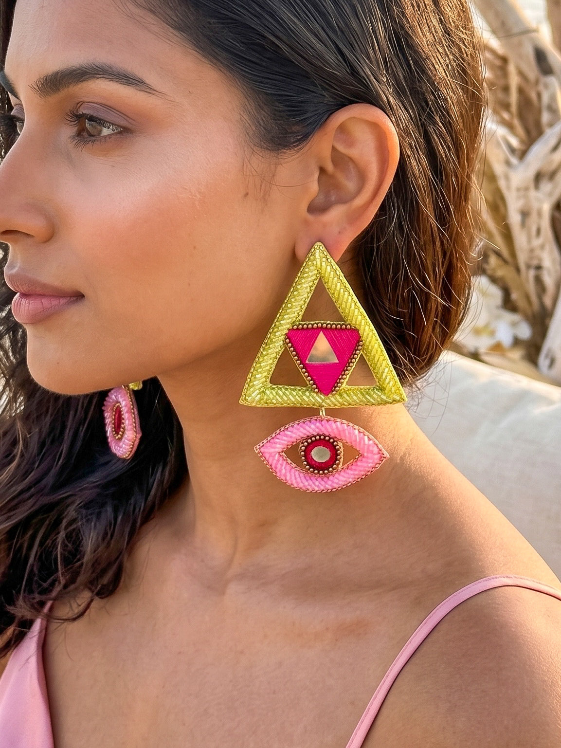 Electric Lime Green & Pink Evil Eye Handmade Beaded Earrings