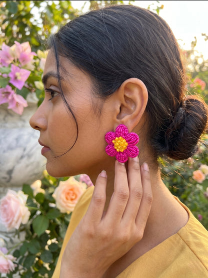 Pink Daisy Stud Handmade Beaded Flower Earrings