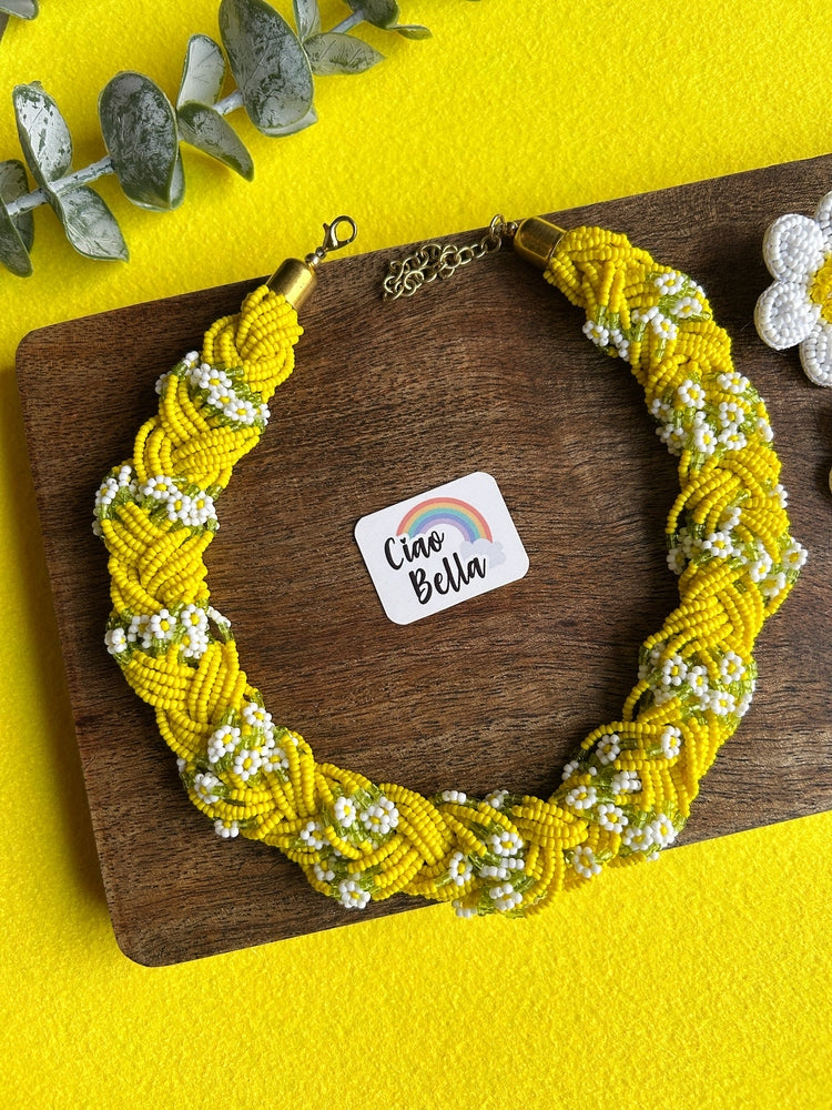 Luxe Flora Yellow Handmade Beaded Necklace + Earrings Set