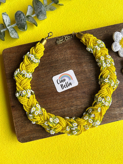 Luxe Flora Yellow Handmade Beaded Necklace + Earrings Set