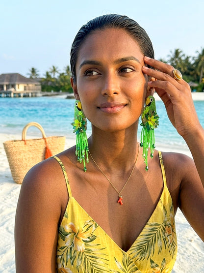 Luxe Paradise Green Parrot Handmade Beaded Bird Earrings