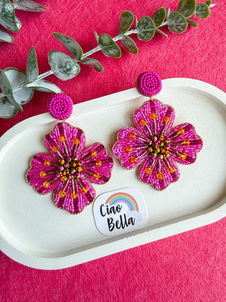 Rosey Glow Pink Flower Handmade Beaded Earrings