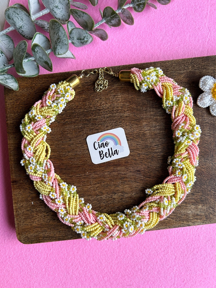 Luxe Flora Pink Yellow Handmade Beaded Necklace + Earrings Set