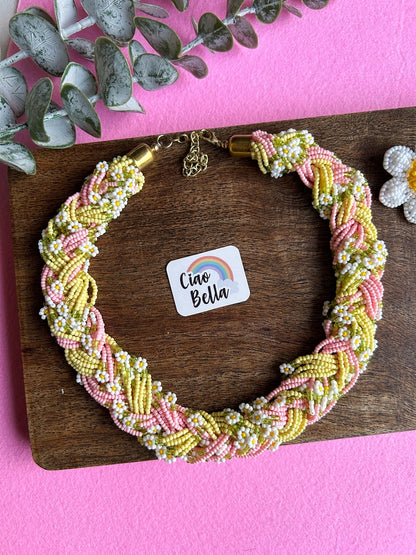 Luxe Flora Pink Yellow Handmade Beaded Necklace + Earrings Set
