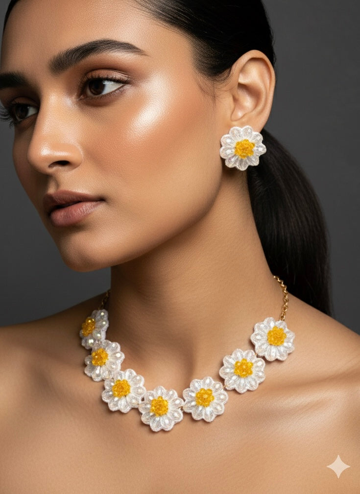 Sparkling White Daisy Handmade Beaded Necklace + Earrings Set