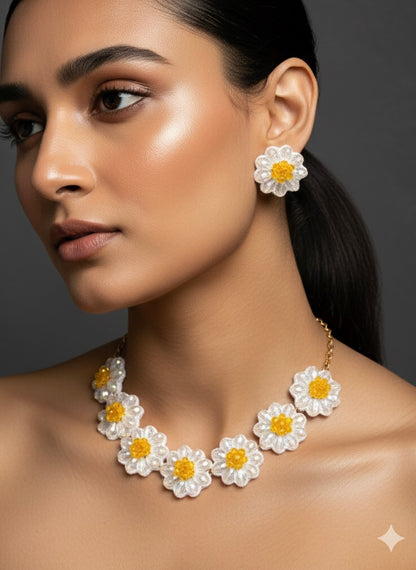 Sparkling White Daisy Handmade Beaded Necklace + Earrings Set