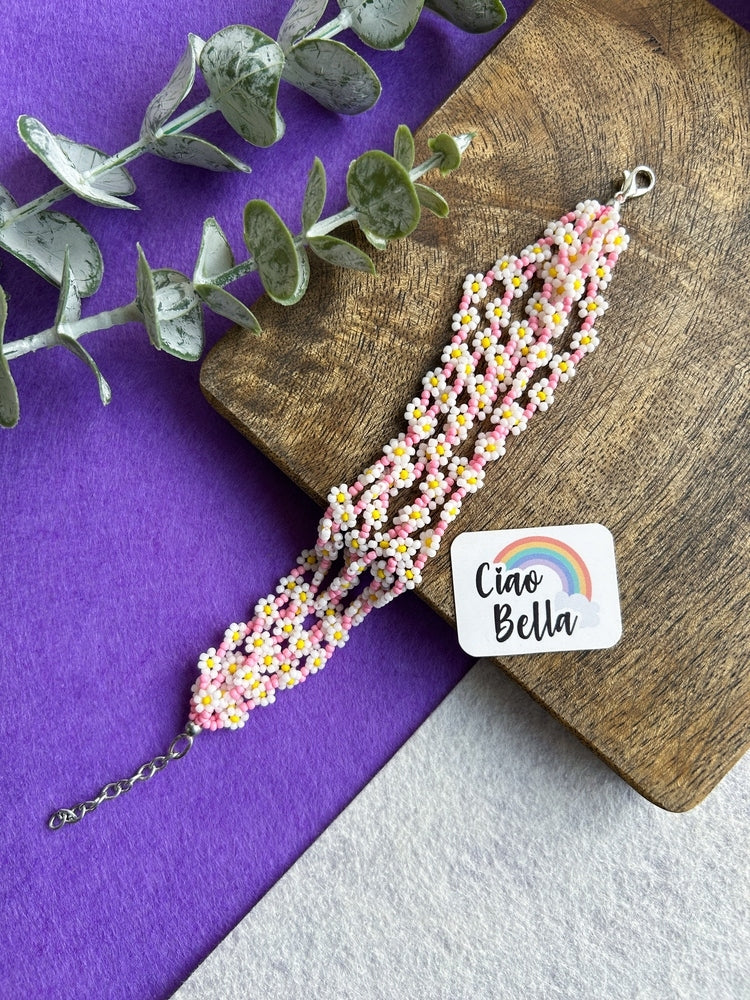 Spring Bloom Blush Pink Daisy Handmade Beaded Bracelet