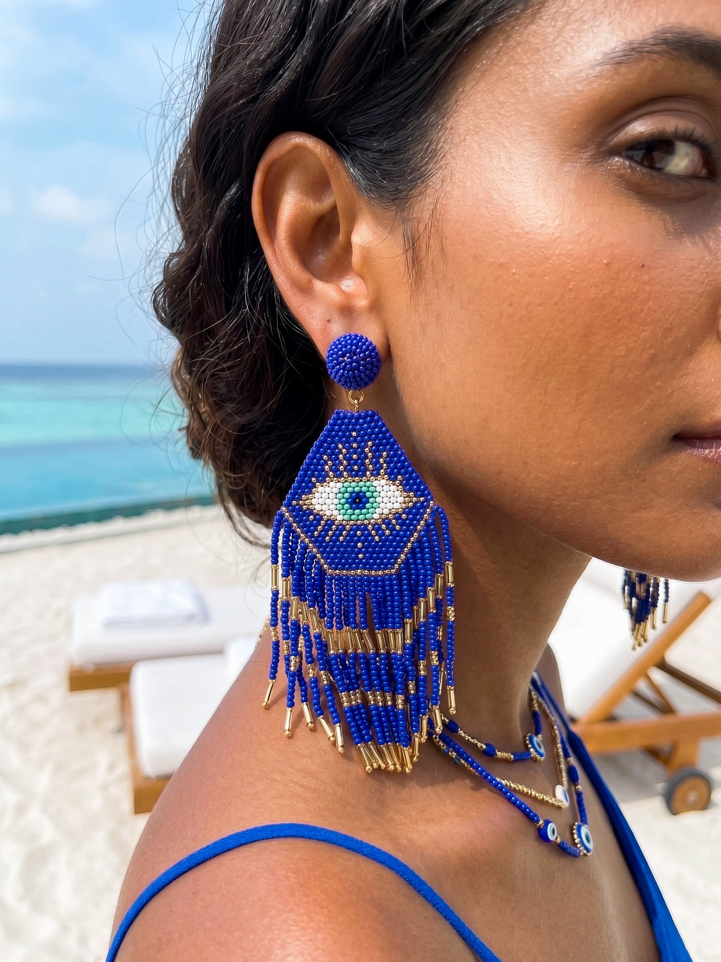 Nazarbattu Blue Evil Eye Handmade Beaded Tassel Earrings