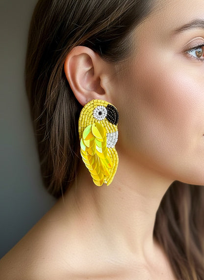 Sunny Yellow Parrot Handmade Beaded Bird Earrings