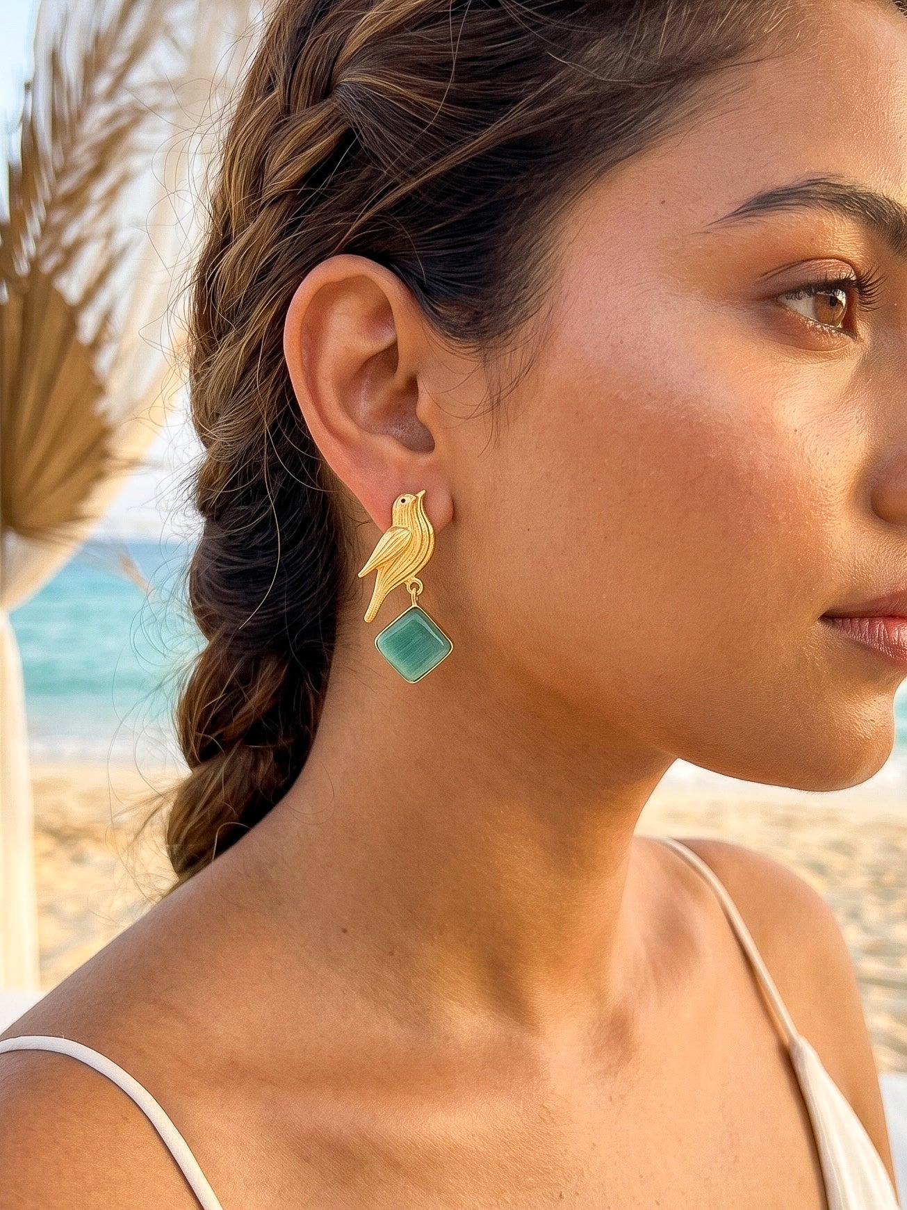 Hello Birdie Handmade Brass Earrings - Teal Diamond