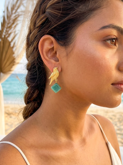 Hello Birdie Handmade Brass Earrings - Teal Diamond
