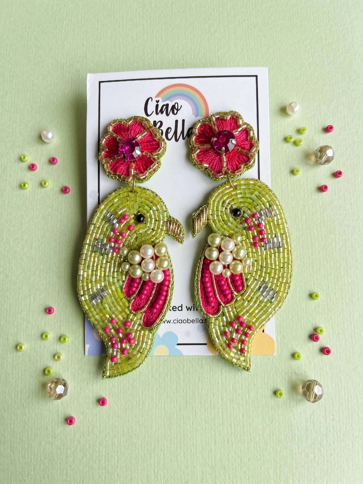 Blooming Birdie Lime Green Pink Handmade Beaded Earrings