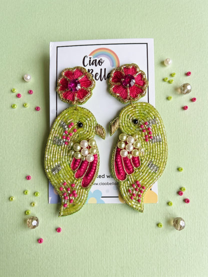 Blooming Birdie Lime Green Pink Handmade Beaded Earrings