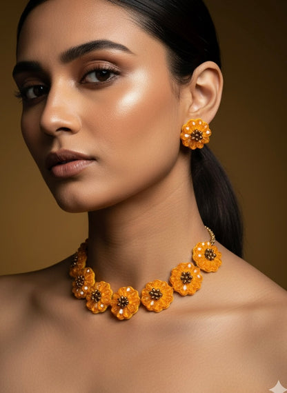 Sparkling Sunflower Handmade Beaded Necklace + Earrings Set