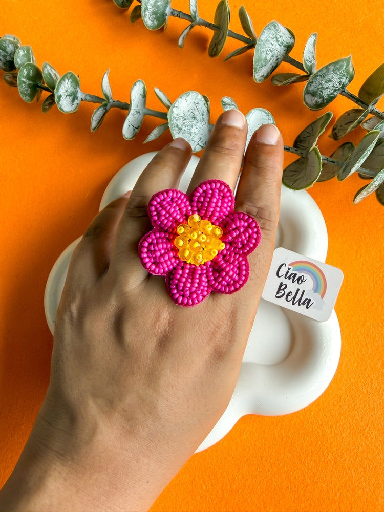 Pink Daisy Handmade Beaded Flower Ring