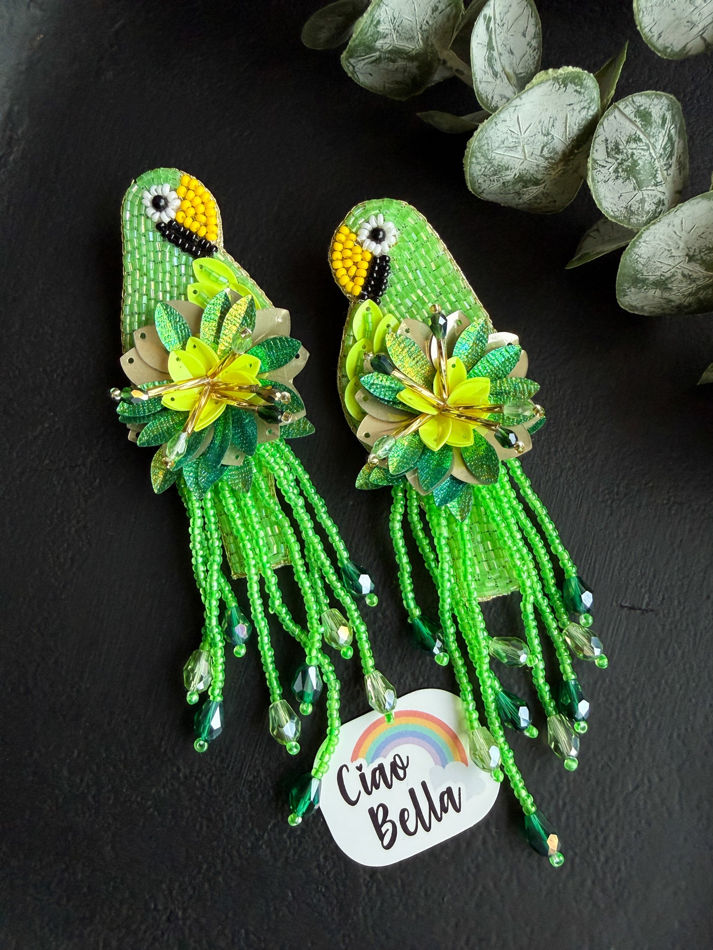 Luxe Paradise Green Parrot Earrings Handmade Beaded Bird Earrings
