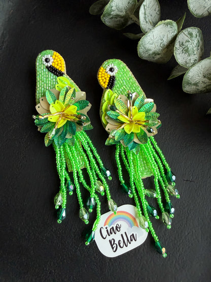 Luxe Paradise Green Parrot Earrings Handmade Beaded Bird Earrings