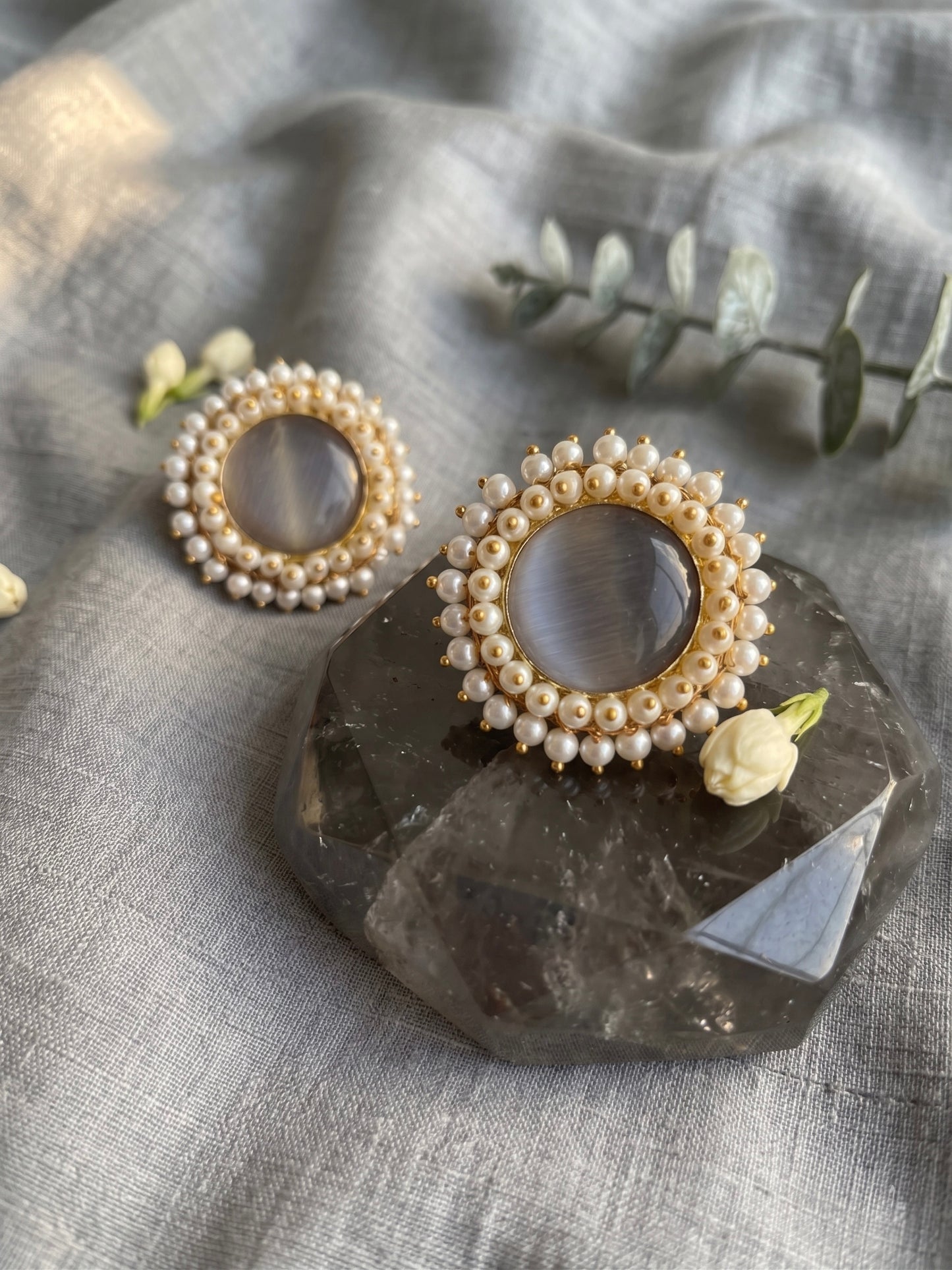 Sitara Grey Pearl Round Handmade Brass Earrings