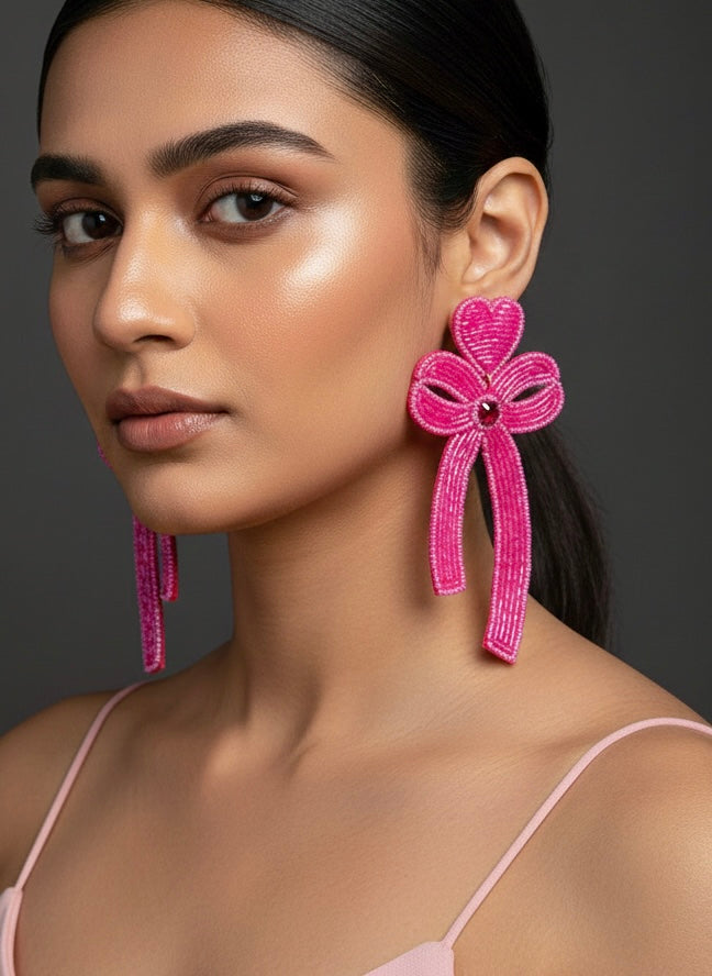 Glam Bow (Pink) Handmade Beaded Earrings