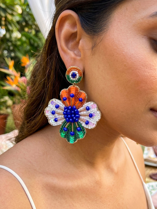 Tiranga Petals Flower Handmade Tricolour Beaded Earrings