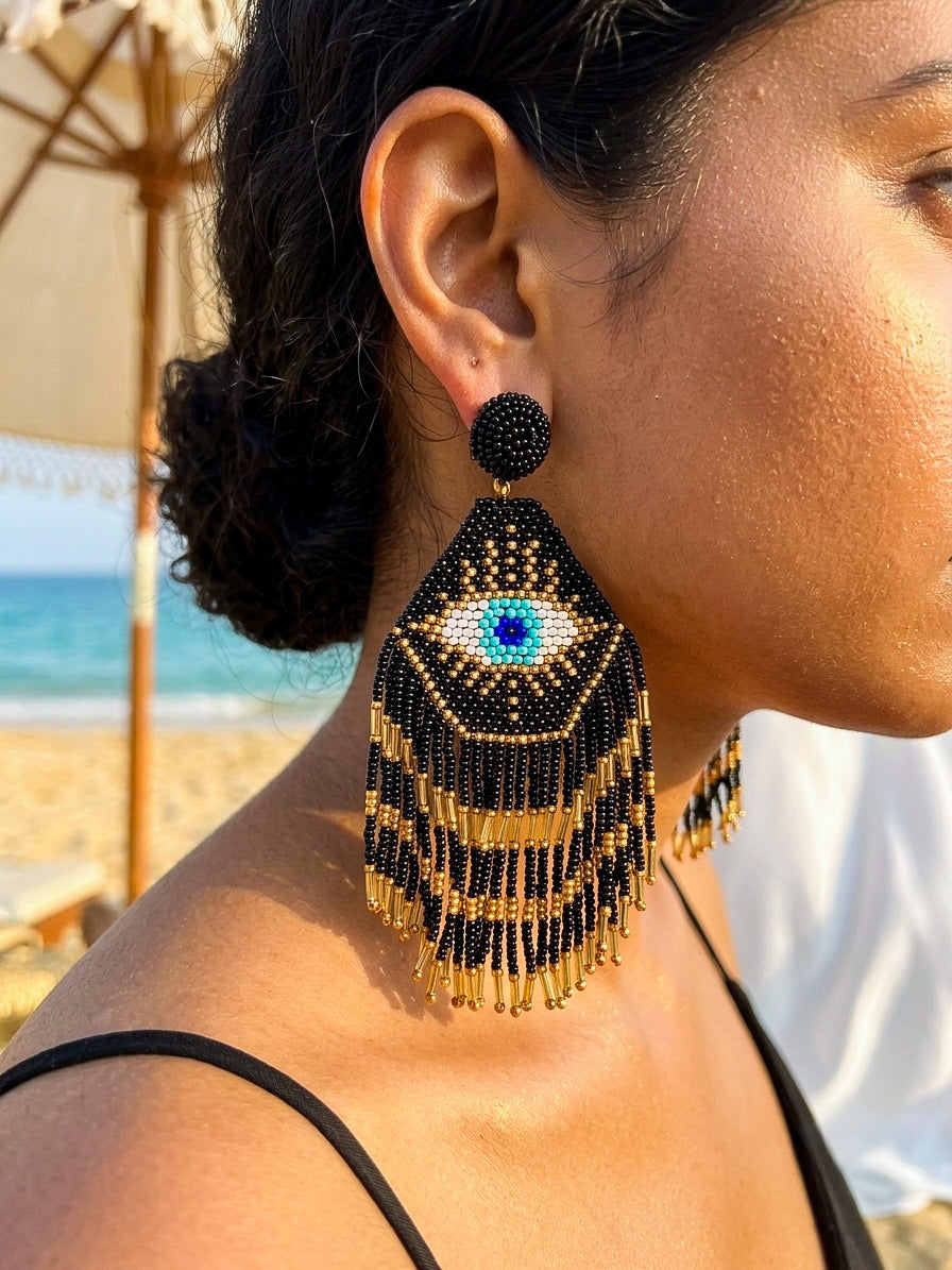 Nazarbattu Evil Eye Handmade Beaded Tassel Earrings