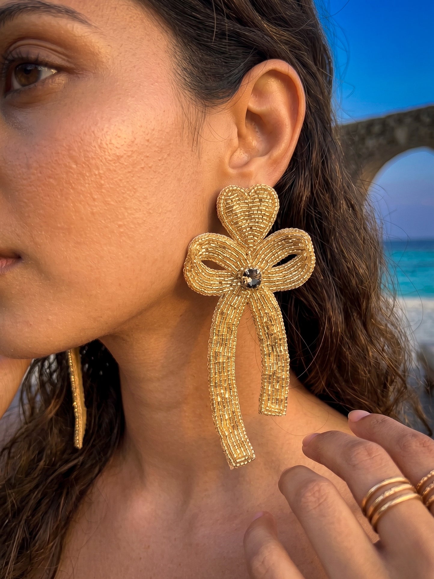 Glam Bow (Gold) Handmade Beaded Earrings