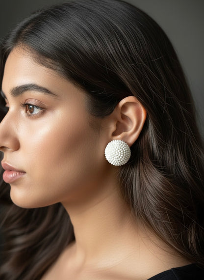 White Round Handmade Beaded Stud Earrings