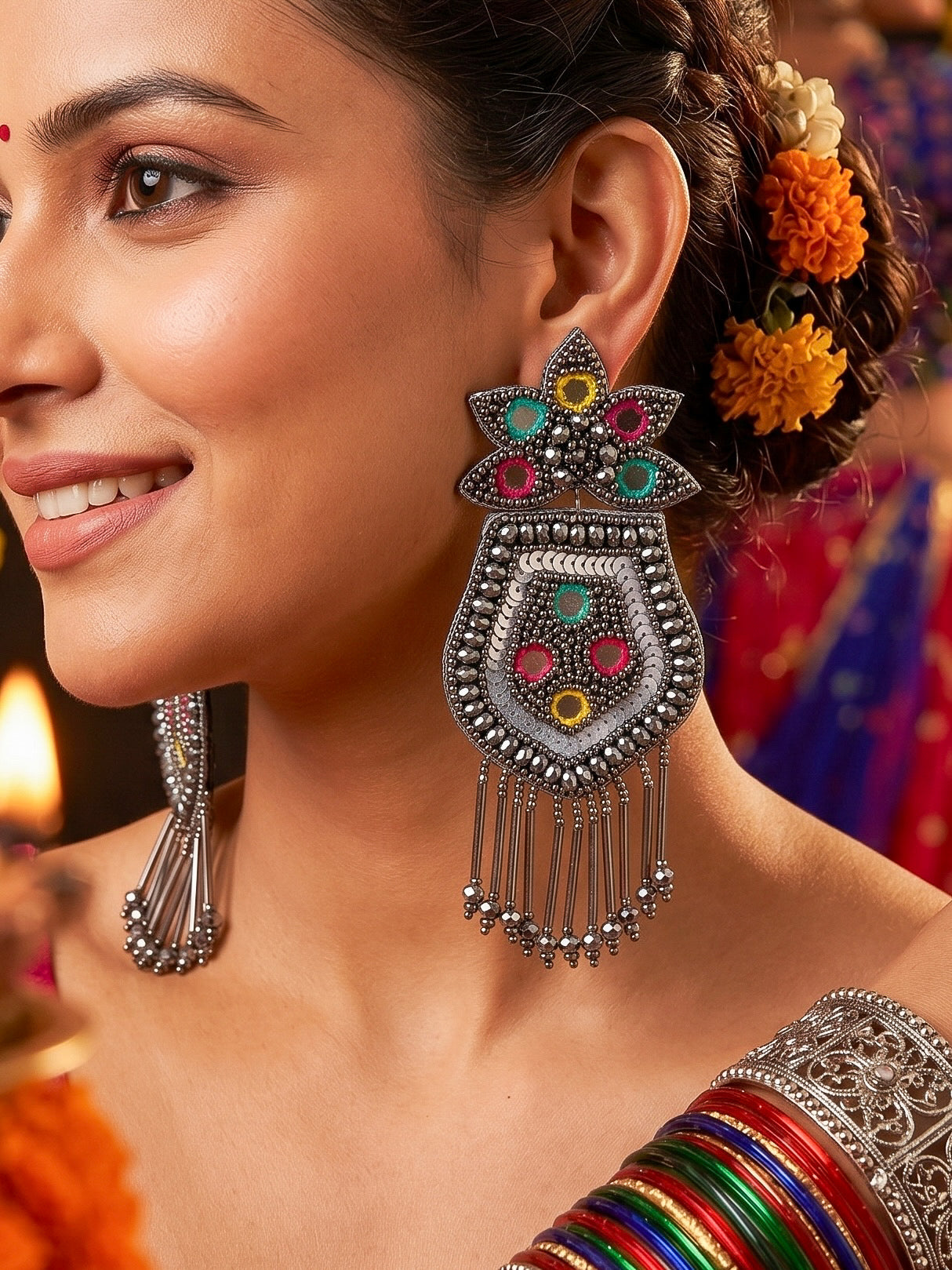 PhoolRaag Mirror Handmade Beaded Earrings