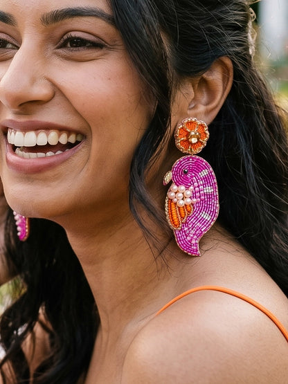 Blooming Birdie Pink Orange Handmade Beaded Earrings
